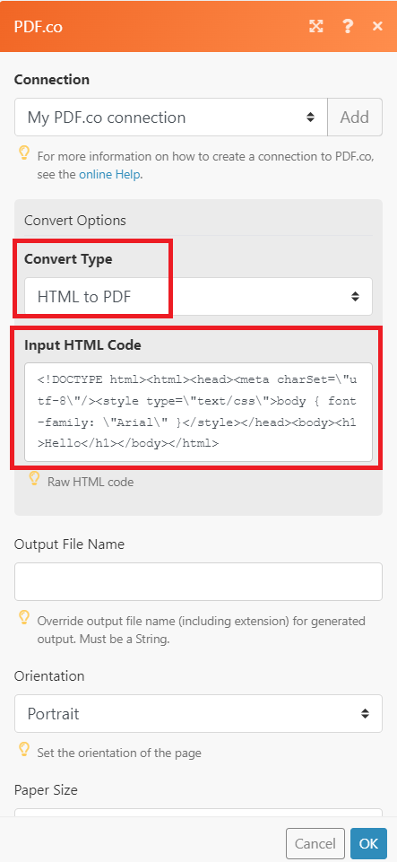 Configure Convert Type and Input HTML Code