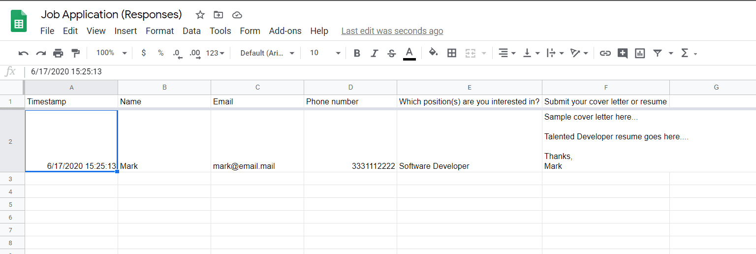 Google Spreadsheet screenshot