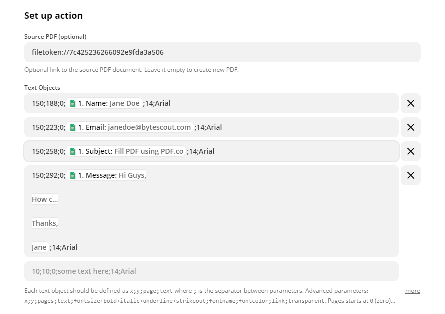 Completing the PDF Filler step with test data