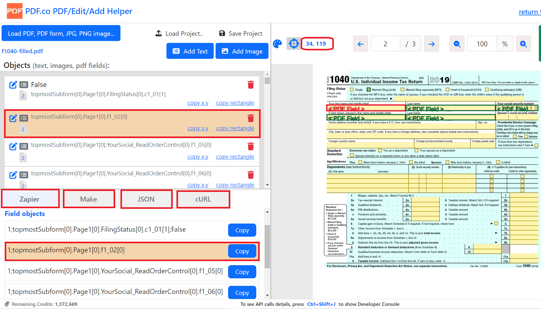 Coordinates and Form fields information
