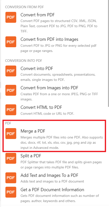 Screenshot of selecting Merge a PDF module