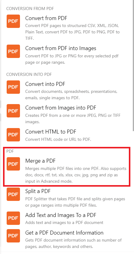 Screenshot of selecting Merge a PDF