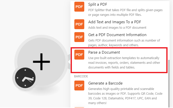 Screenshot of creating a Parse a Document scenario in Make