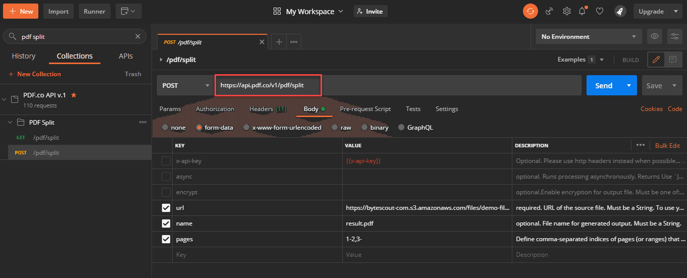 Using the PDF.co Split API in Postman