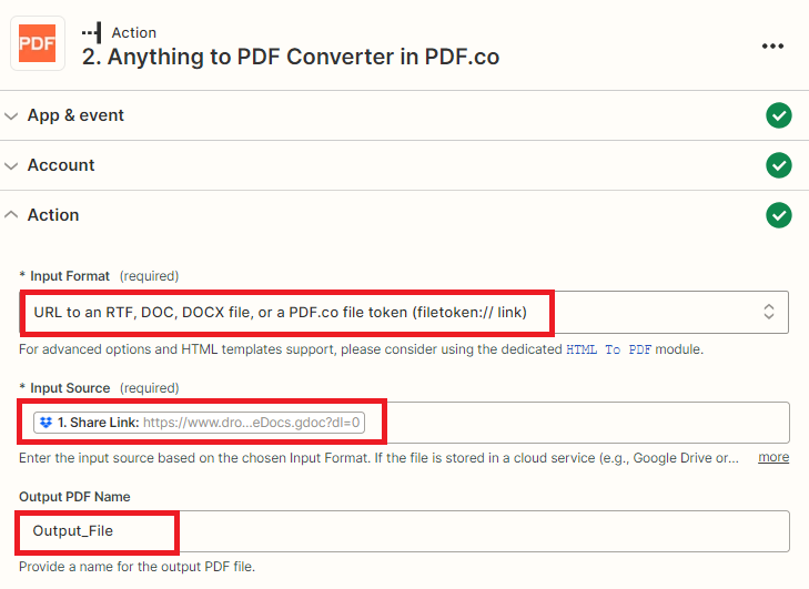 Screenshot of setting up PDF.co configuration