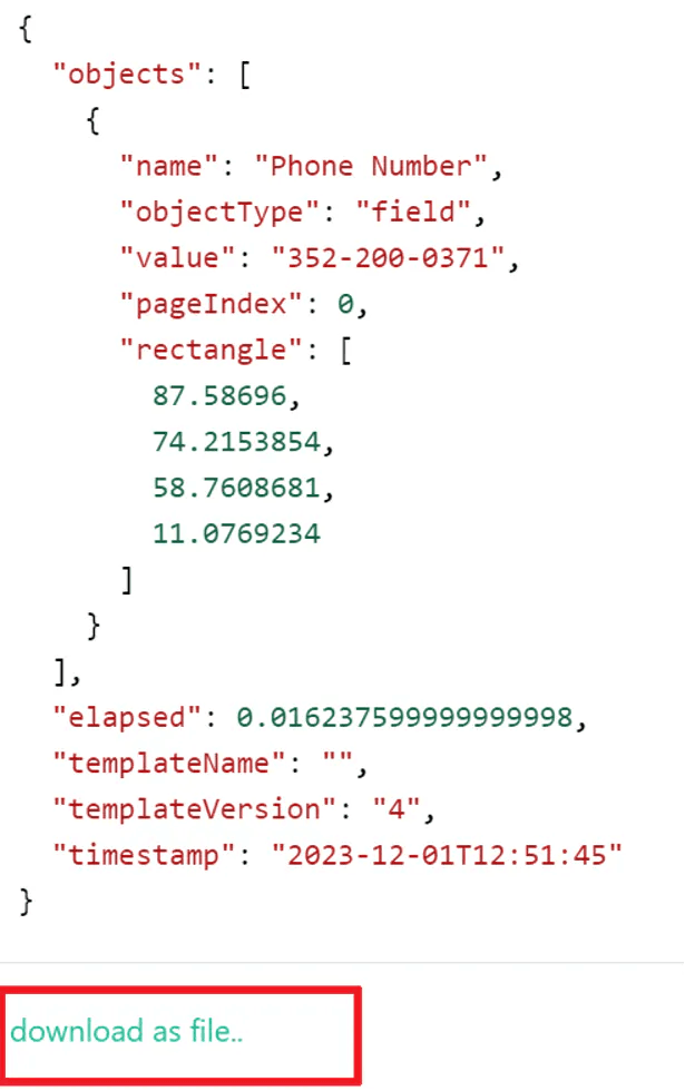 Screenshot of Extracted Data in JSON Format