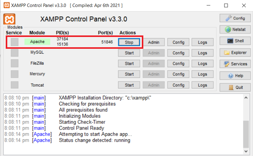 XAMPP Control Panel Screenshot