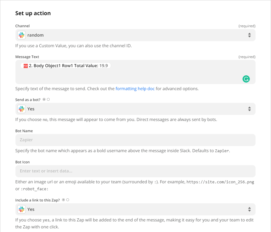 Setting the Channel to the channel in which you want to send the parsed data and set Message Text into the parsed data that you want to send