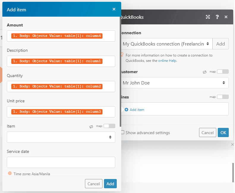 Screenshot of configuring QuickBooks module