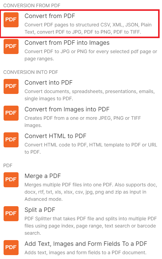 Selecting the Convert from PDF module