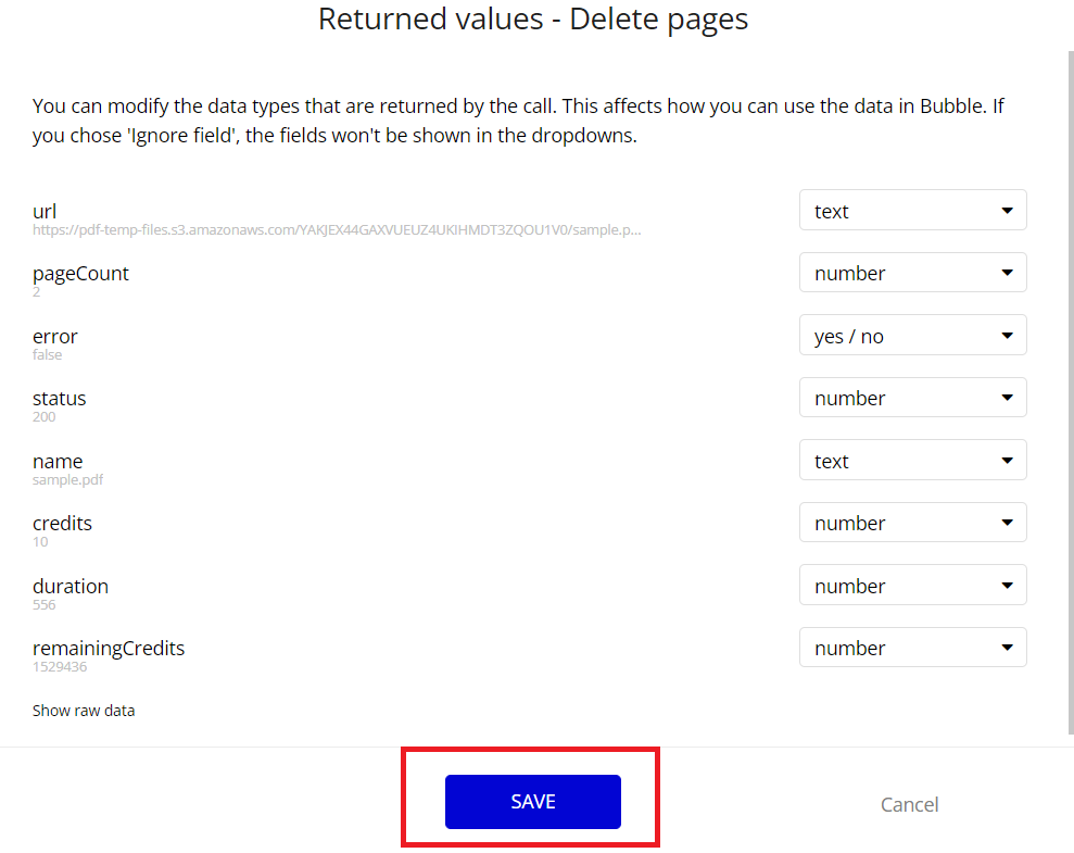 Screenshot of returned values