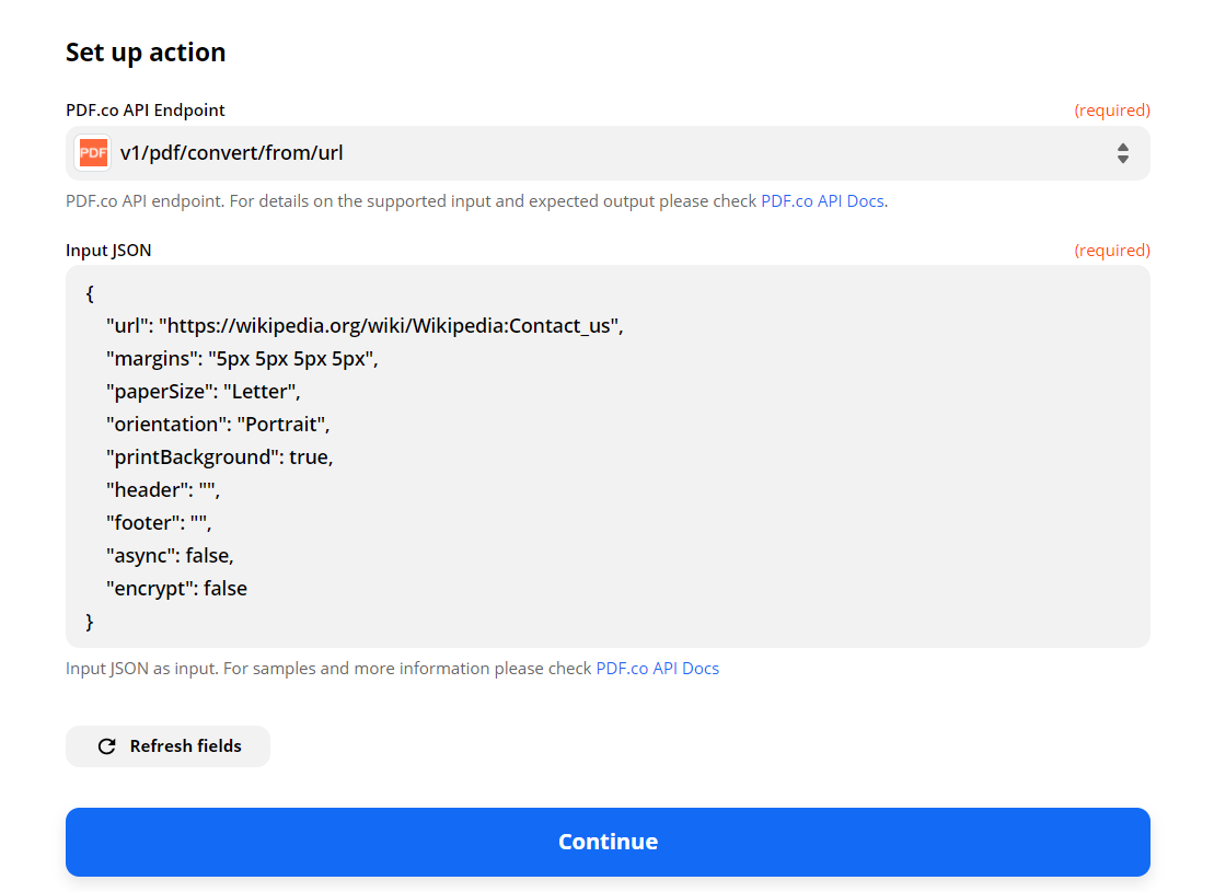 Selected Endpoint and added Input JSON in Zapier step