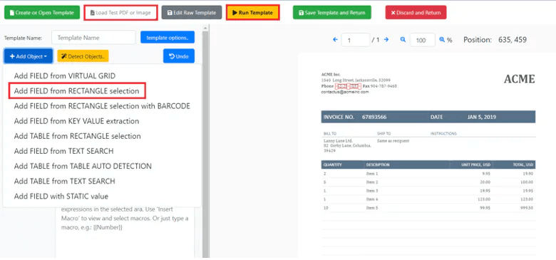 Screenshot of Document Parser Template Editor