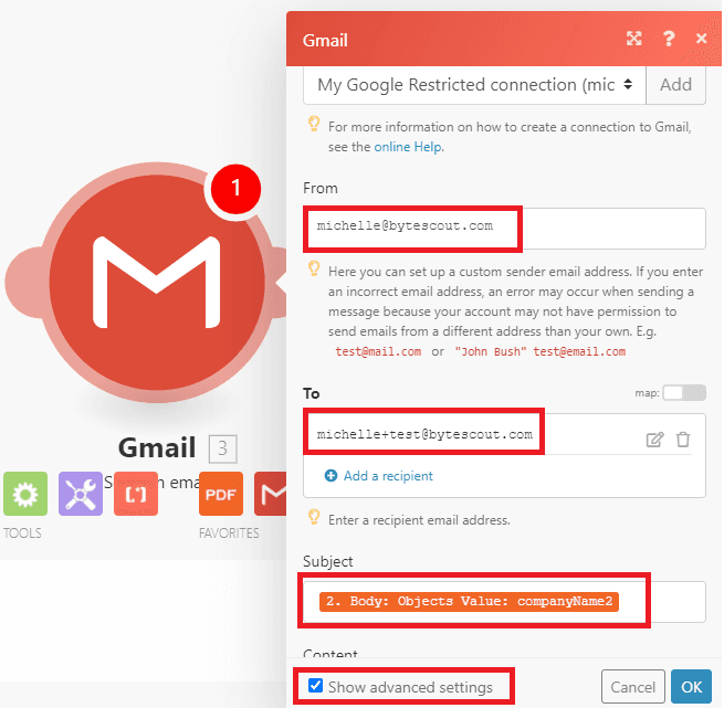 Screenshot of setting up Gmail Send