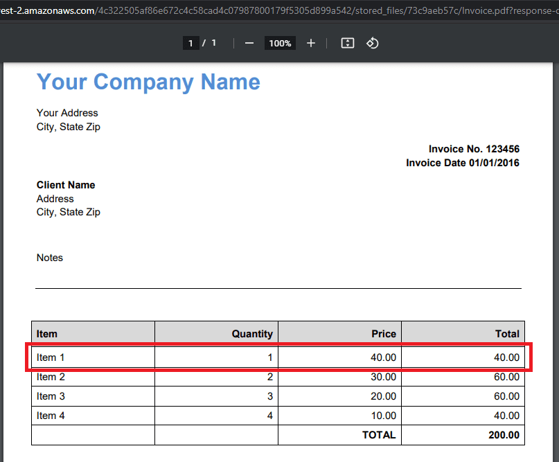 Screenshot of sample PDF Invoice to parse