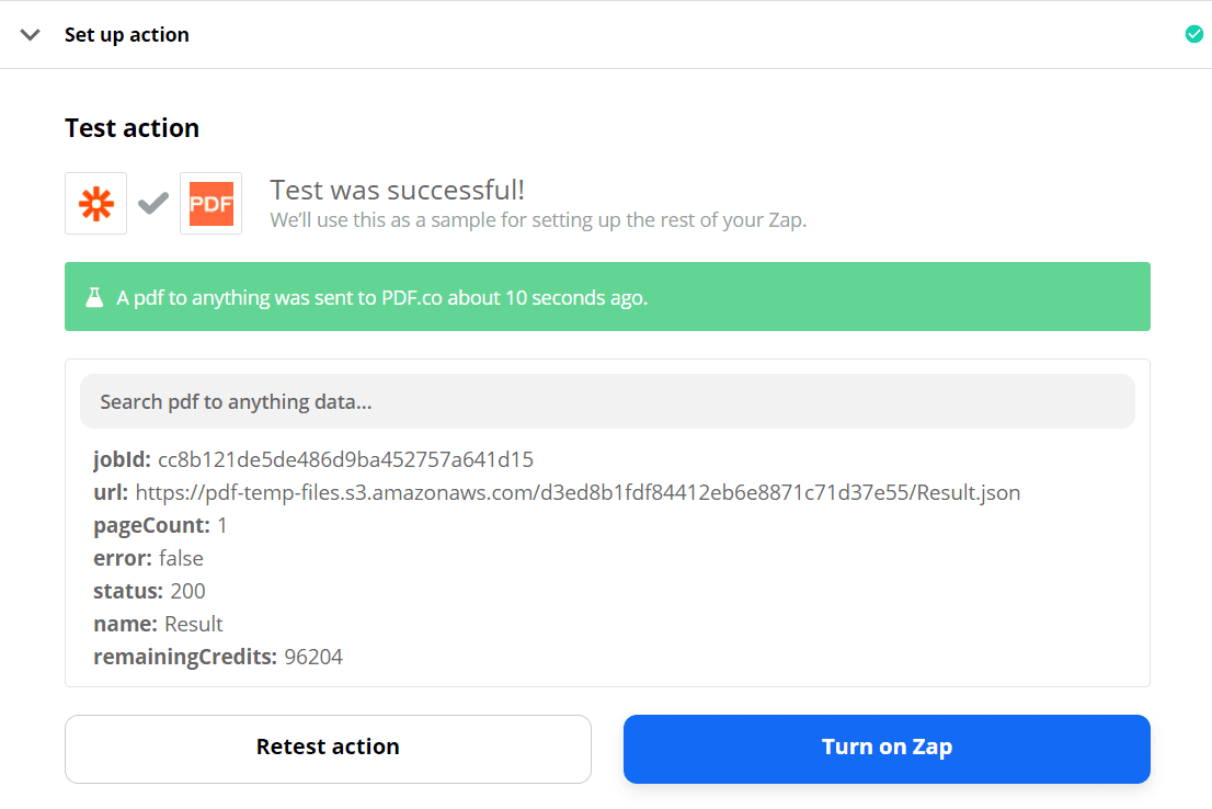 Successful Test action screenshot