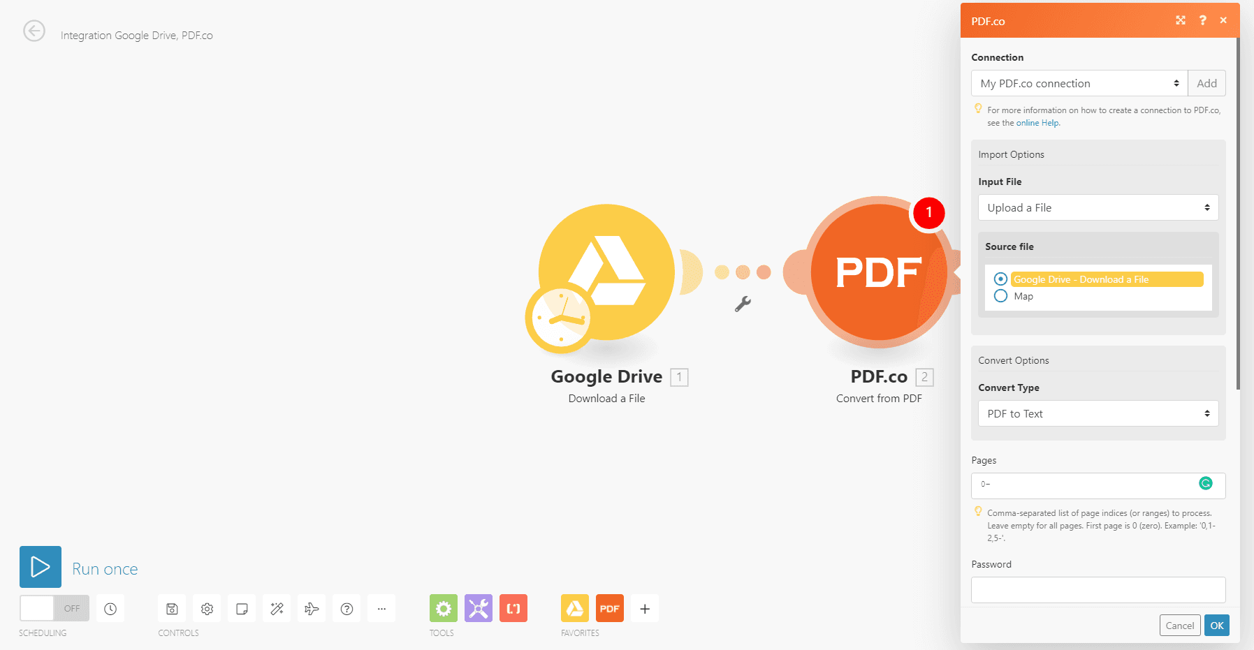 Screenshot choosing file upload method for PDF.co module