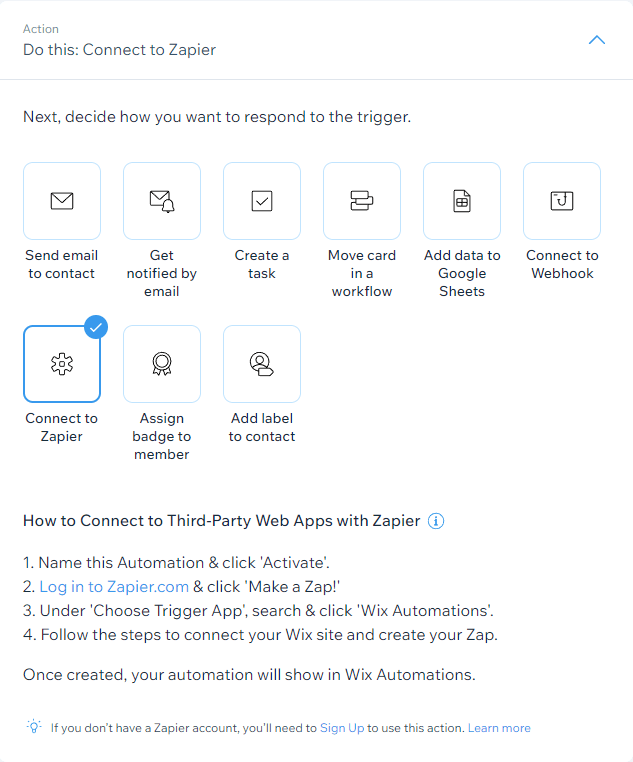 Screenshot of Wix Automation Action