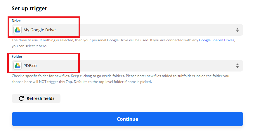 Configure Google Drive's Trigger Event