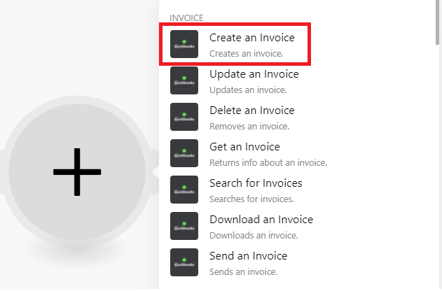 Screenshot of setting up QuickBooks by selecting Create an Invoice