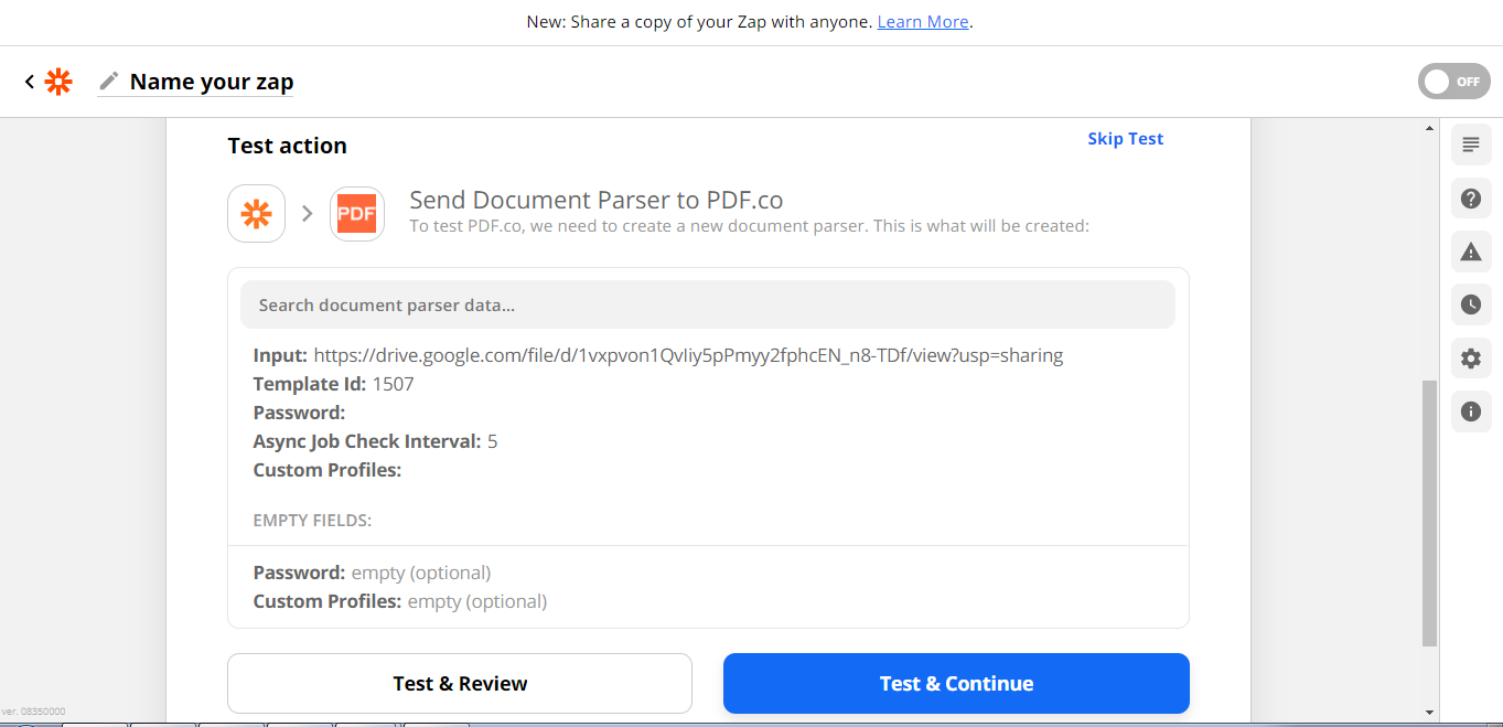 Screenshot of testing Document Parser