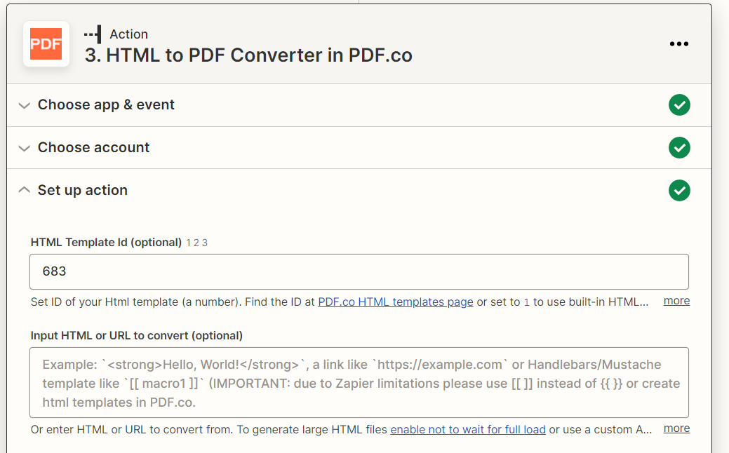 Configure PDF.co HTML Template Id