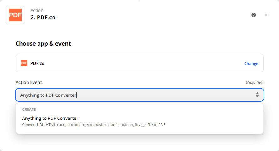 Choose Anything to PDF Converter as action event