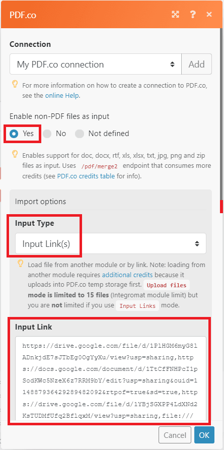 Screenshot of configuring Merge PDF module