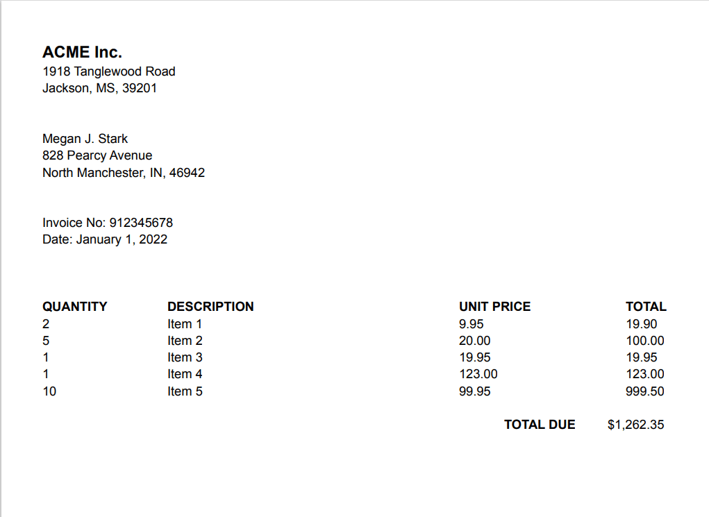 Screenshot of Sample Borderless Table