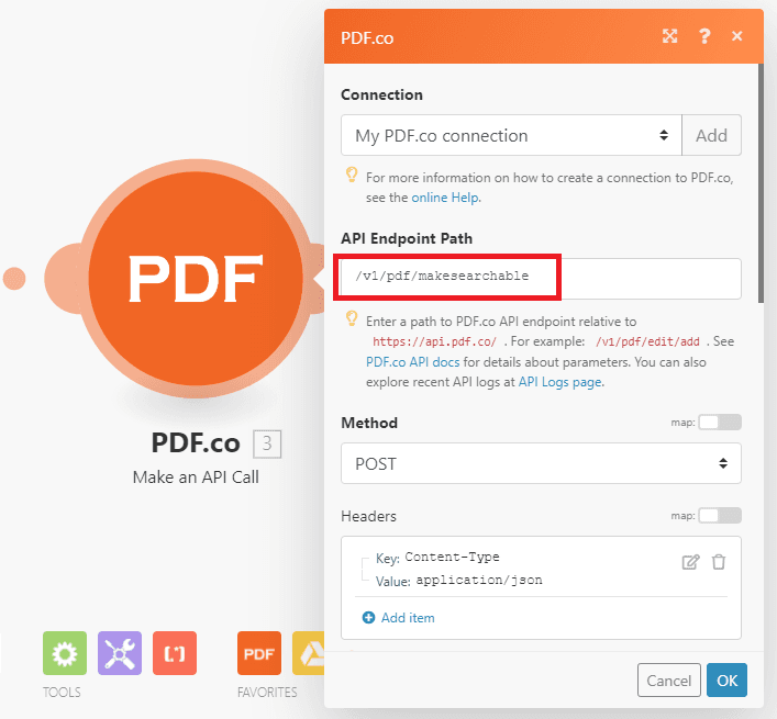 Screenshot of configuring API Endpoint Path field