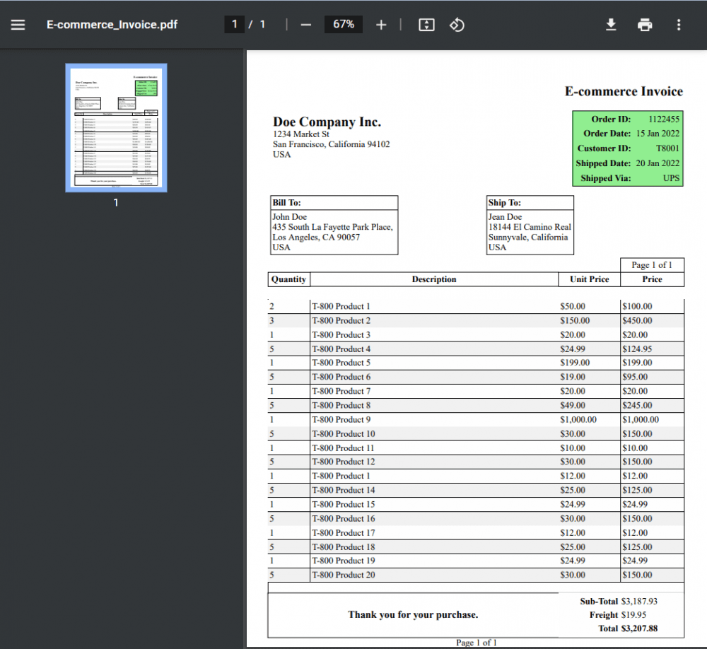 Generated Dynamic PDF E-commerce Invoice