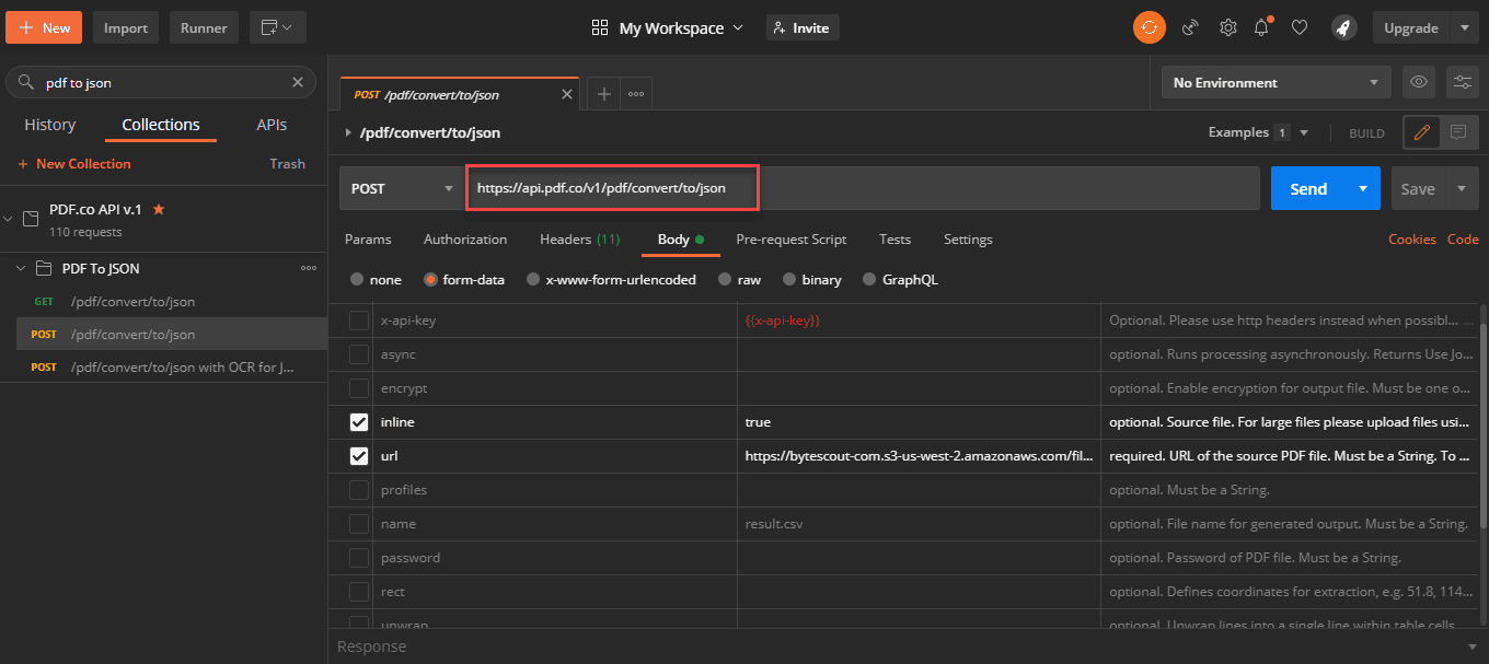 Screenshot of PDF.co API Endpoint on Postman