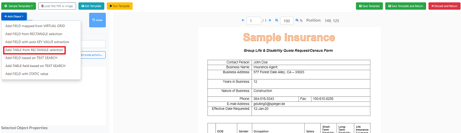 Add table from rectangle selection object