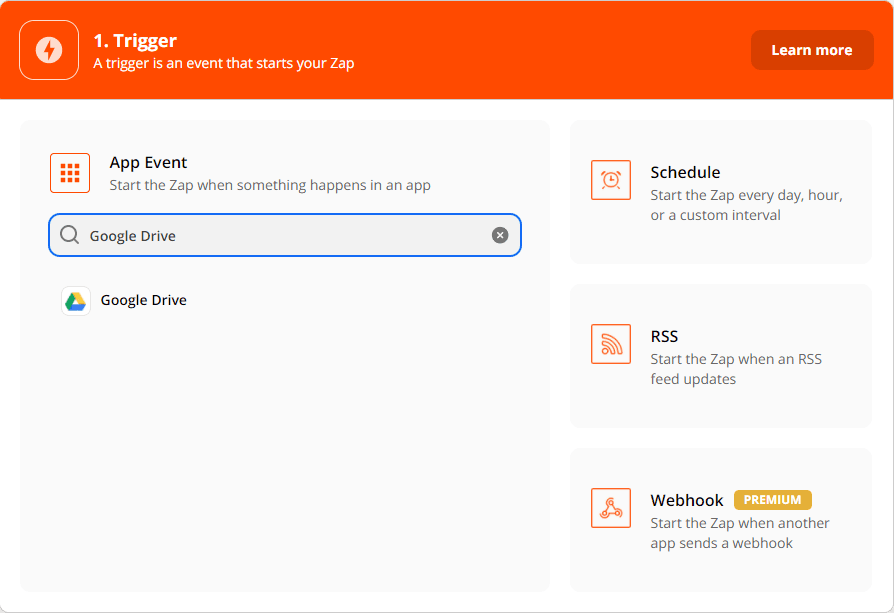 Choosing google drive as the trigger app