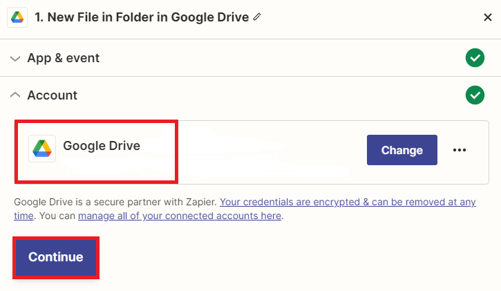 Zapier - Connect Google Drive account