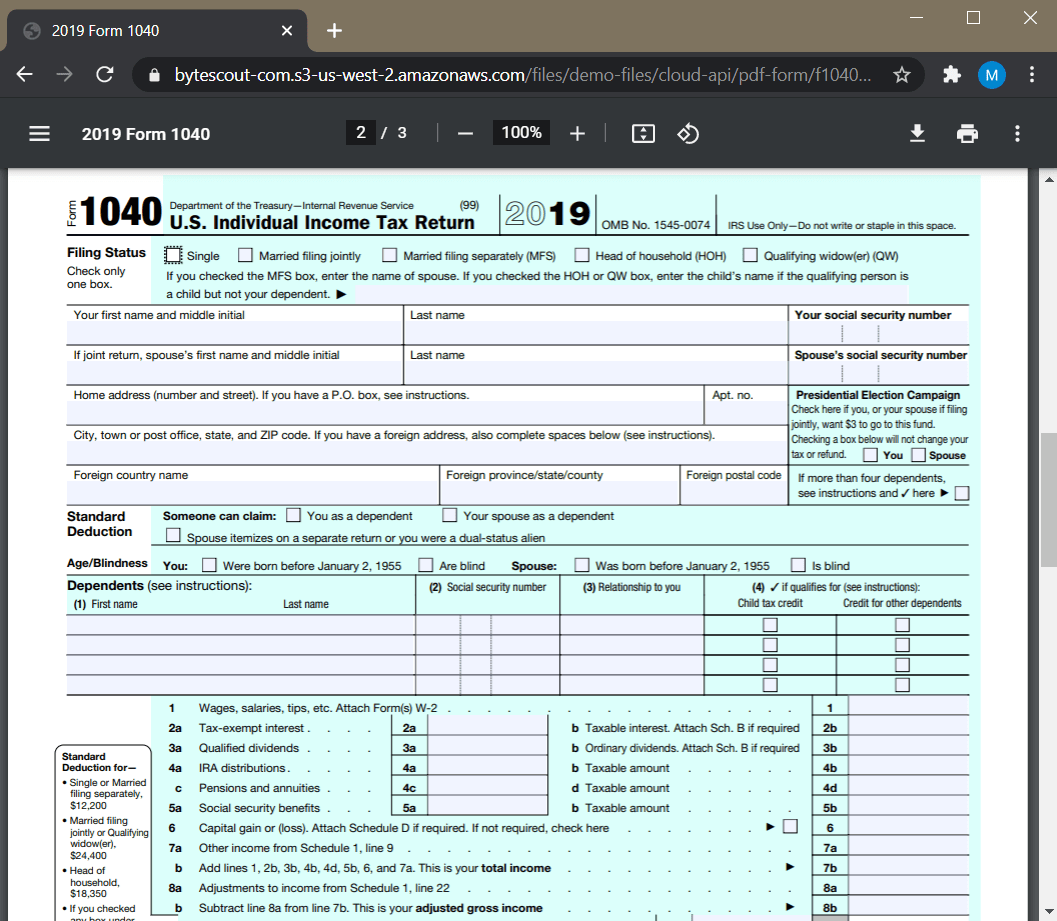 Screenshot of IRS Form 1040 as a PDF Source File