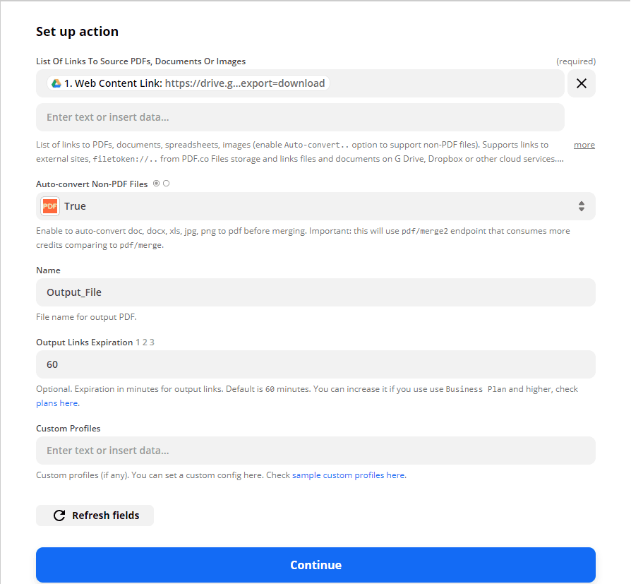 Under Set up Action set the List Of Links To Source PDF's, Documents Or Images to Web Content Link, change the value of Auto-convert Non-PDF Files to true and set the Name for the output PDF.