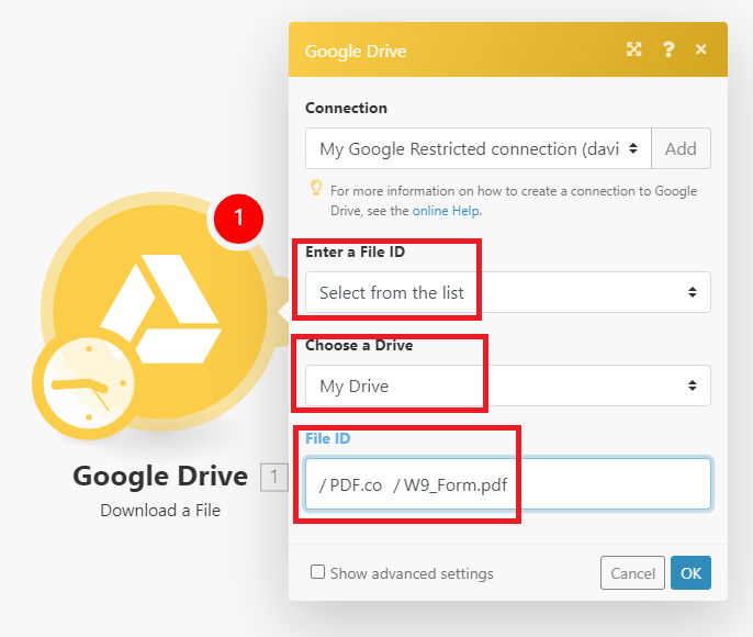 Screenshot of configuring Google Drive