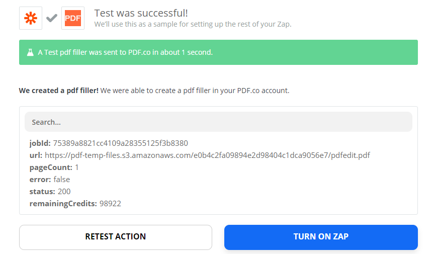 A successful test returning the URL of the file