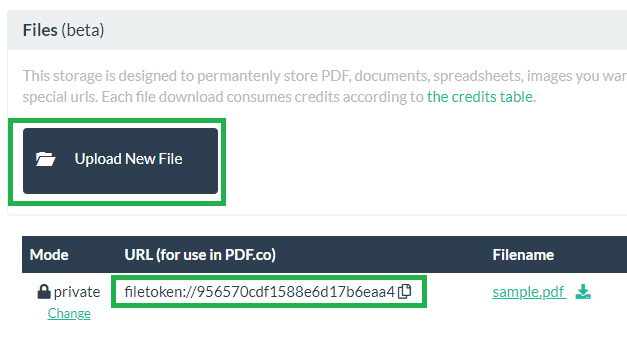 Screenshot of PDF.co built-in Files Storage’s upload button and uploaded file URL