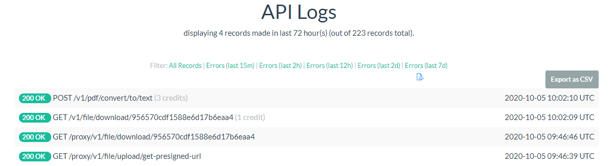 Screenshot of PDF.co’s API Log