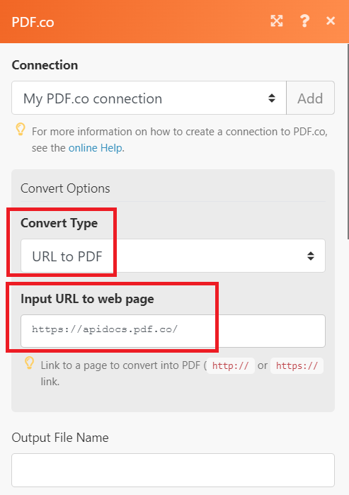 Configure Convert Type and Input URL fields