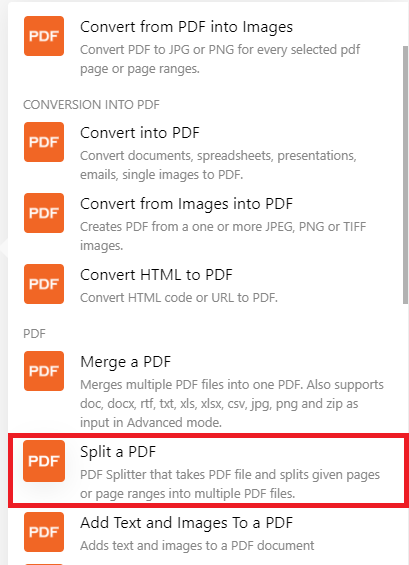 Screenshot of Split a PDF module