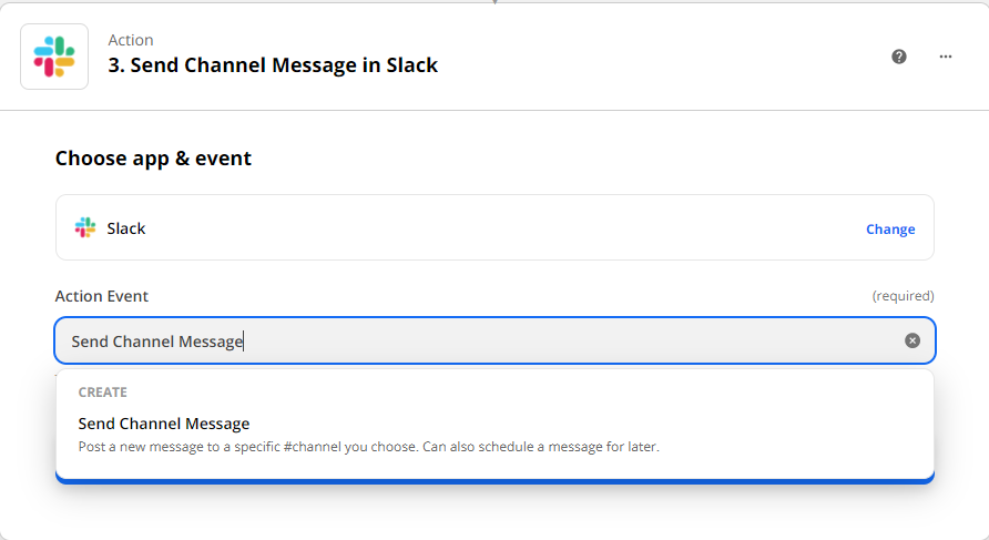 Choosing send channel message as the action event