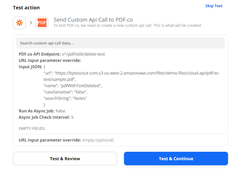 Test PDF.co Custom API Call Configuration