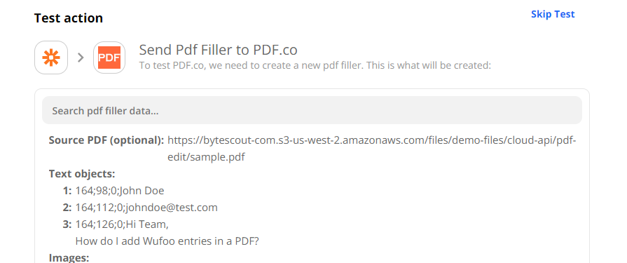 Test The PDF.co PDF Filler Action Event