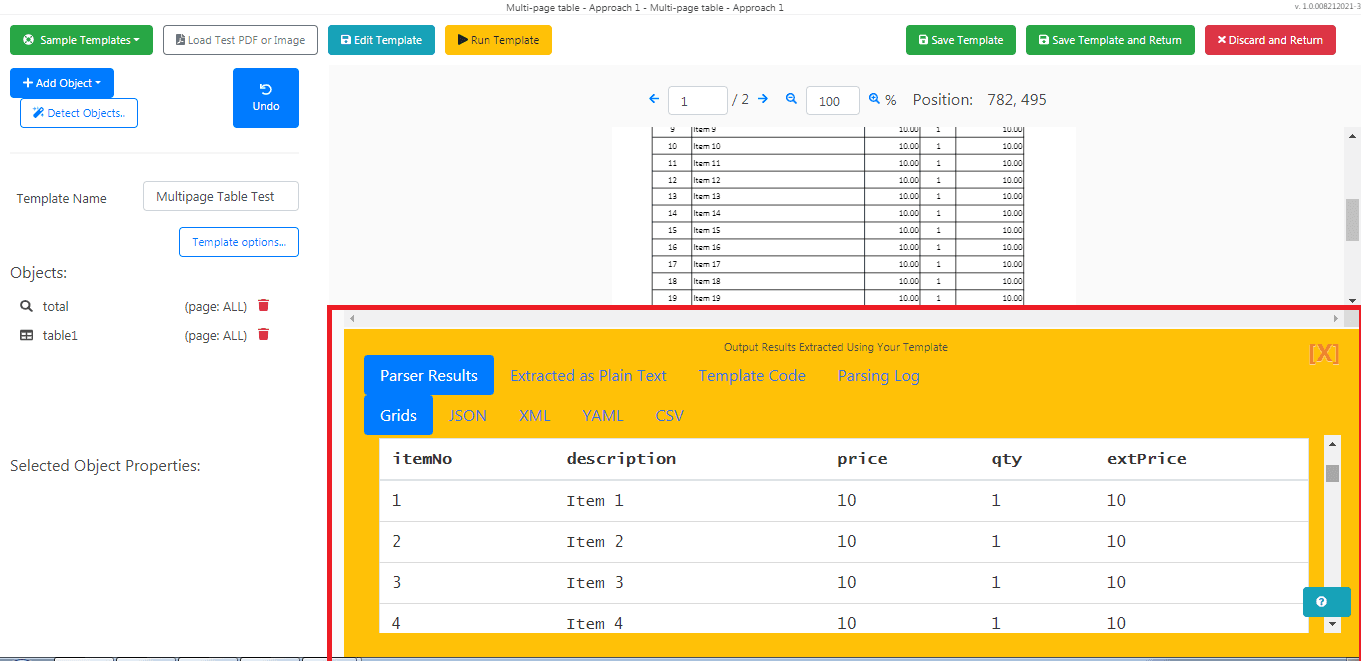 Screenshot of parsed table output