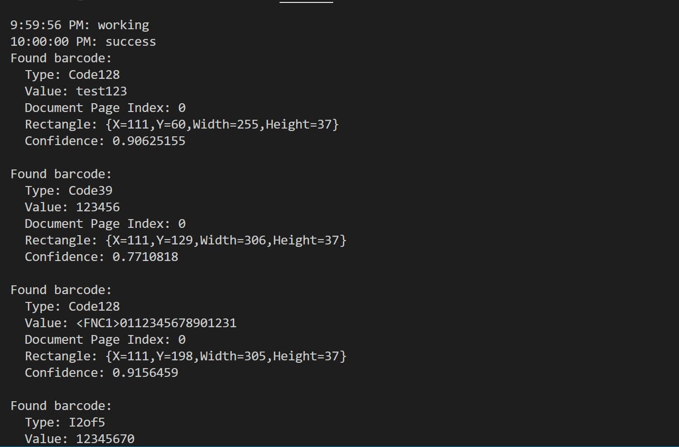 Decoded Barcode Values