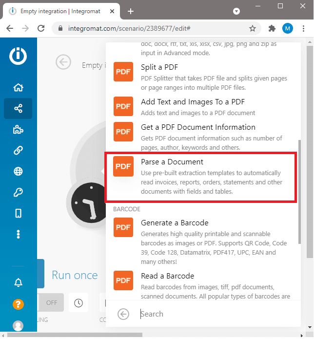 Screenshot of selecting Parse a Document module