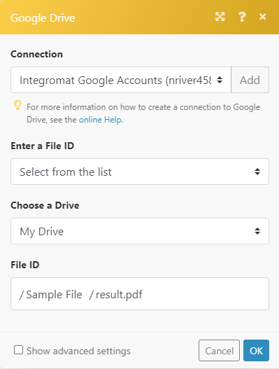 Screenshot of setting up the Google Drive module